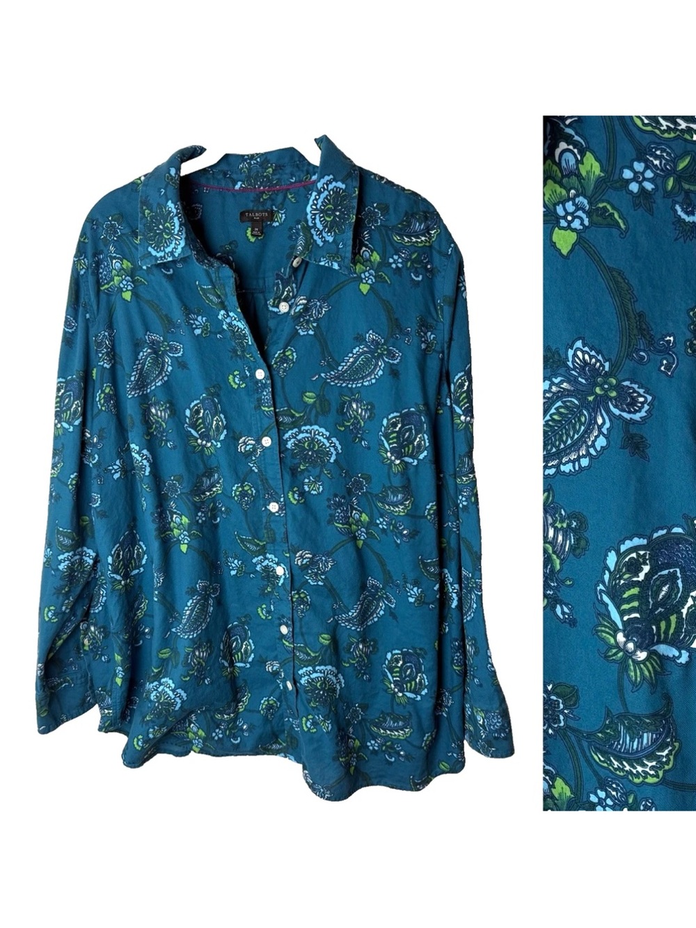 Talbots Shirt Plus Size 2X Long Sleeves Floral Cotton Teal Blue White Green